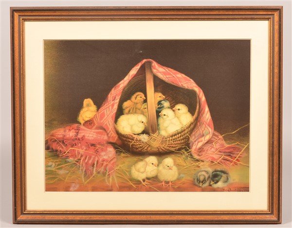 Ben Austrian 1900 Color Print of Chicks in a Basket. (1 of 3)