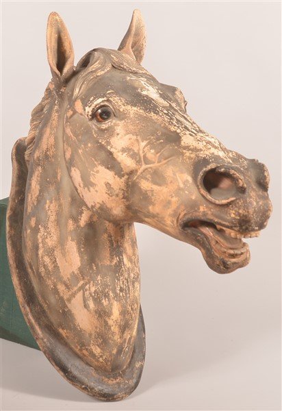 19th Century Plaster of Paris Horse Head Trade: 19th Century Plaster of Paris Horse Head Trade Stimulator. Detailed cast features with glass eyes. 24"h. x 22"d. Condition: Good with wear.