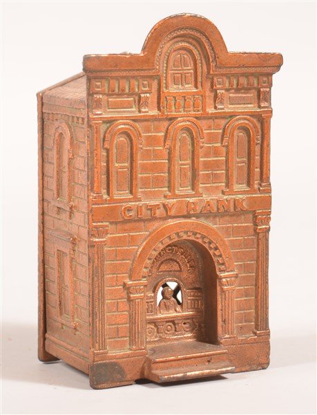 Cast Iron City Bank with Teller Still Bank. (1 of 4)