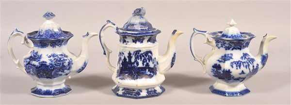 Three Various Flow Blue China Coffee Pots. (1 of 2)