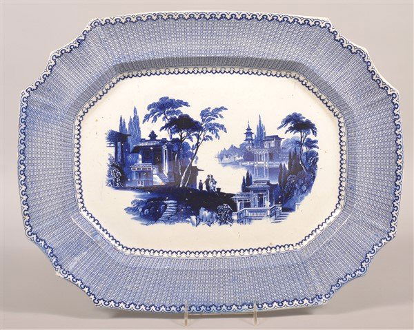 "Kin-Shan" Pattern Flow Blue China Platter.: "Kin-Shan" Pattern Flow Blue China Platter. 16" x 20-1/2". Condition: Good with minor pitting.