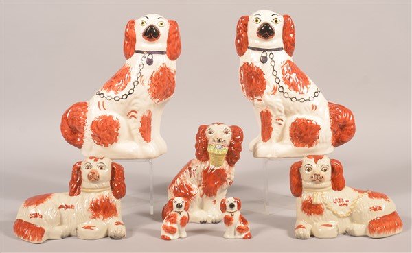2 Authentic, 5 Reproduction Staffordshire Spaniels. (1 of 2)