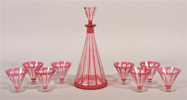 Cranberry Cut to Clear Glass 9 Piece Liquor Set. (1 of 2)