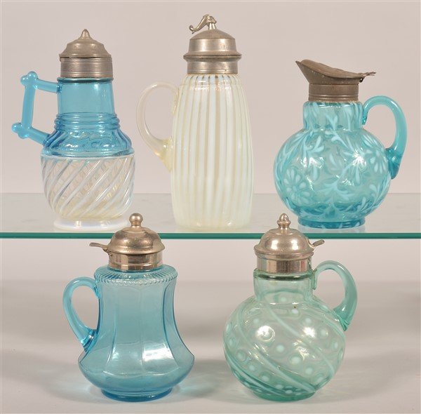 5 Various Opalescent and Pattern Glass Syrup Jugs. (1 of 1)