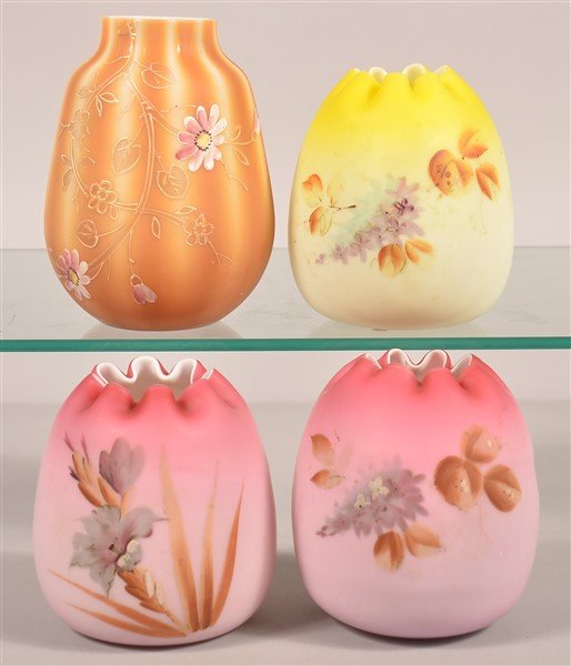 Four Enamel Decorated Overlay Glass Rose Bowls/Vases. (1 of 1)