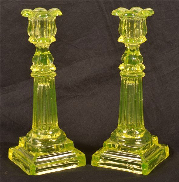 Pair of 19th Century Canary Yellow Candlesticks. (1 of 4)