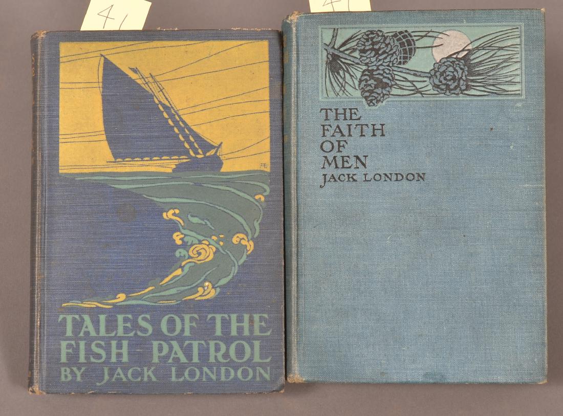 Jack London's Fish Patrol + Faith of Men 1st Eds: Tales of the Fish Patrol. NY: Macmillan, 1905. 1st ed. Frontis & Other illust. Blue decorated cloth, some wear and stains. // The Faith of Men. And Other Stories. NY: Macmillan, 1904. 1st ed. Some edg