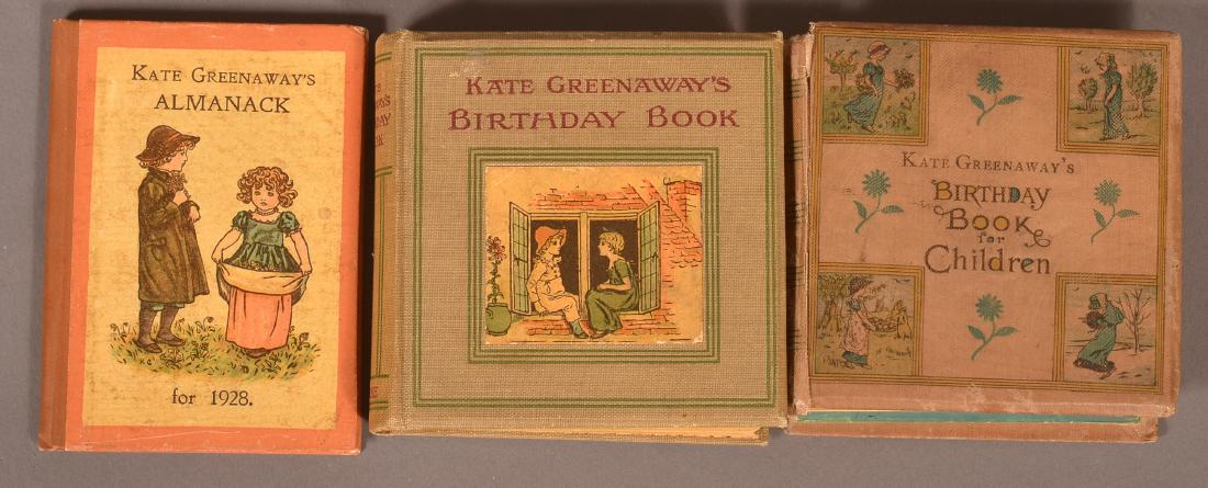 Greenaway Almanack for 1928 + 2 Other: Almanack for 1928. London: Warne, (1927). 12mo. Glazed salmon boards, brown spine, cream endpapers. Covers soiled. // Kate Greenaway's Birthday Book. With Verses by Mrs. Sale Barker. London: Warne, n.