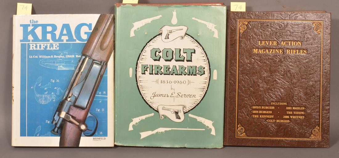 3 Books on Rifles: Brophy. The Krag Rifle. CA: Beinfeld, 1980. Dj. // Maxwell. Lever Action Magazine Rifles. TX, 1976. // Serven. Colt Firearms. 1836-1960. CA, 1954. Dj.