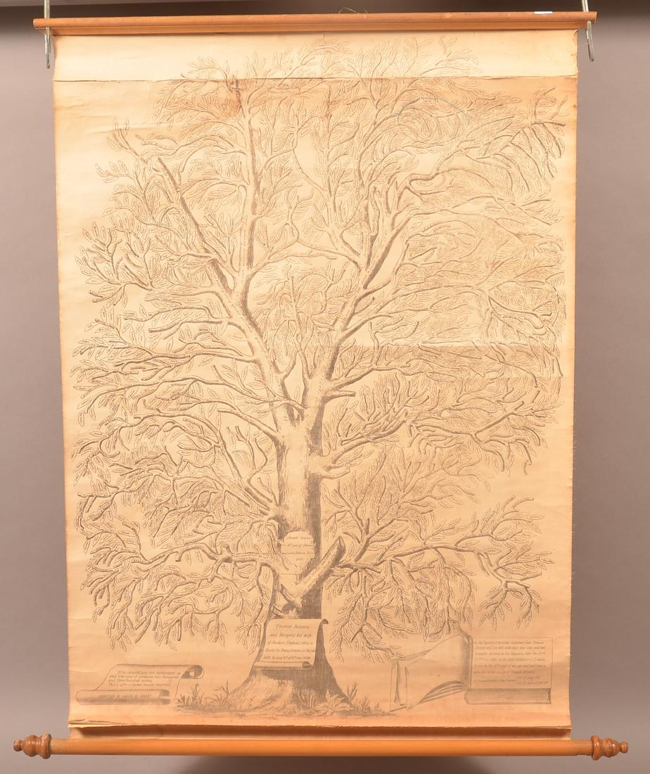 Printed Family Tree of Janney Family 1868: A printed "Family Tree" (in the form of an actual tree) on wooden rollers, of the Janney family, compiled by Samuel M. Janney in 1868 and published around that time. 33 x 24", spitting in some areas b