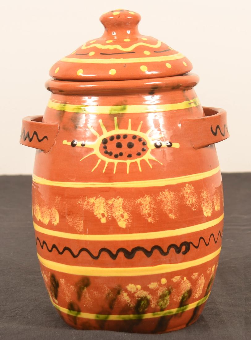 Breininger Redware Barrel Form Covered Jar. (1 of 3)