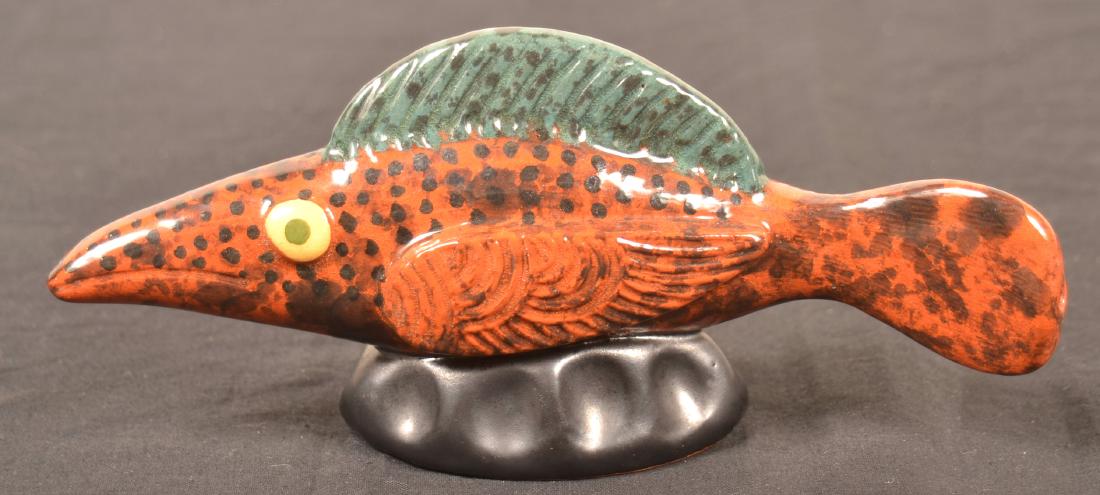 Seagreaves Hand Molded Fish Form Whistle.: James Seagreaves Glazed Pottery Hand Molded Folky Fish Form Whistle. Signed on base "JCS". 8" long. Condition: Very good.