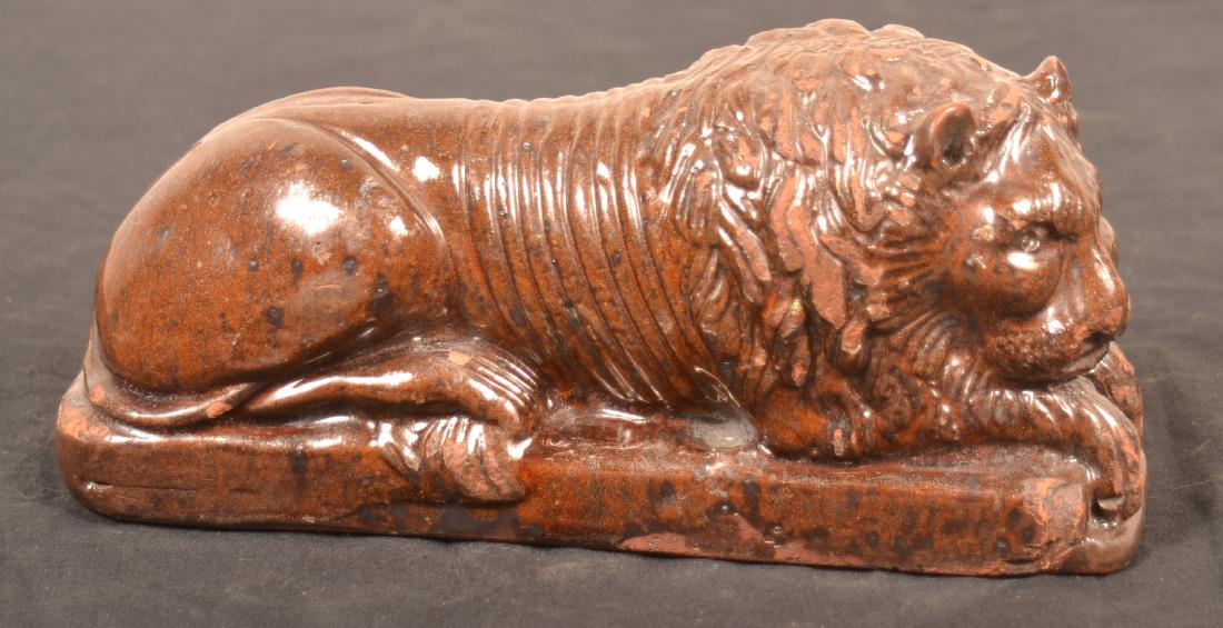 19th Century Molded Redware Reclining Lion. (1 of 3)