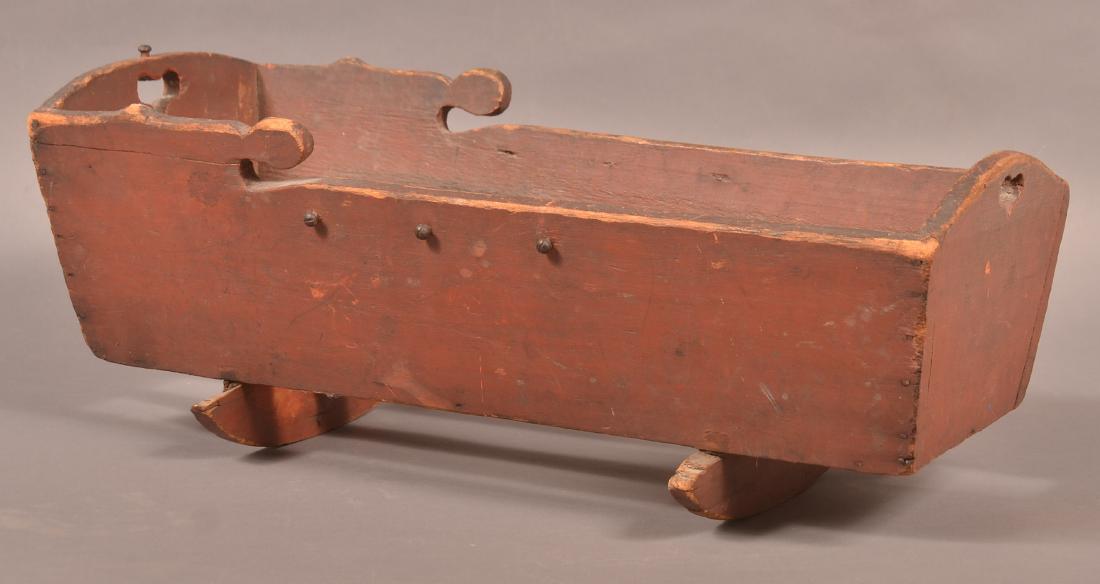 PA 19th Cent. Red Painted Softwood Doll Cradle. (1 of 2)