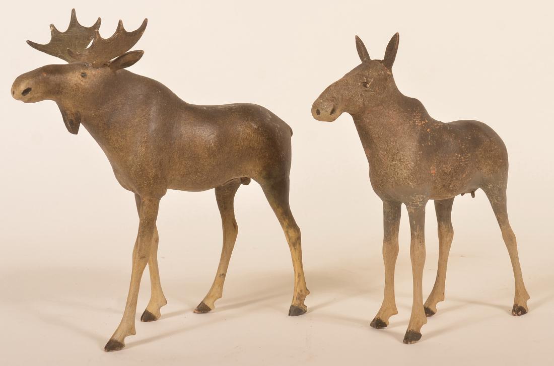 Pair of Folk Art Carved & Painted Moose Figures. (1 of 4)
