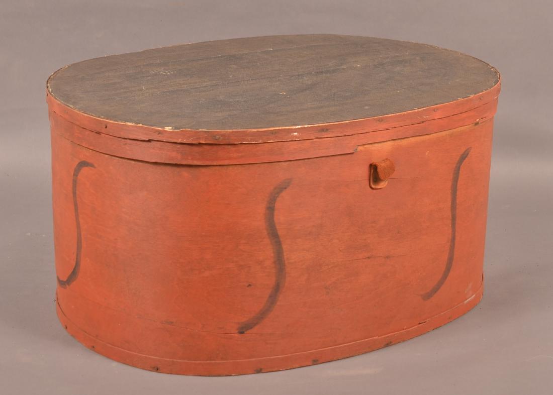 Bentwood Hat Box with Red Finish.: Bentwood Hat Box with Red Finish and Leatherette Top. 10-1/2"h. Condition: Good with wear and losses.