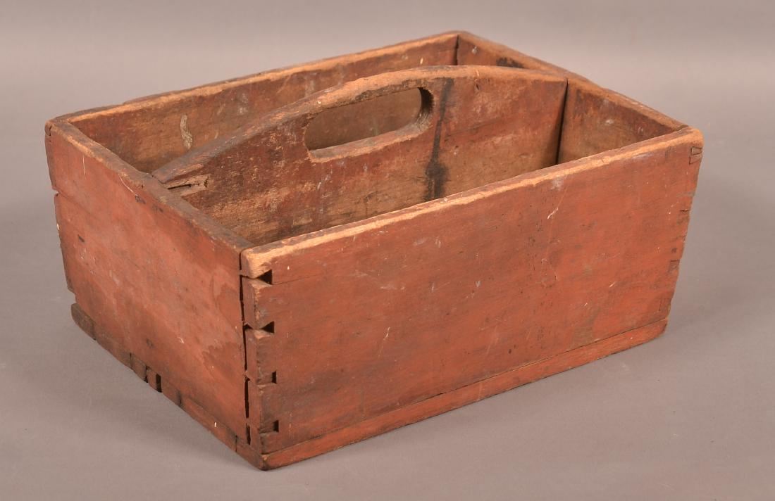 Antique Red Painted Softwood Utensil Carrier.: Antique Red Painted Softwood Utensil Carrier. 12-1/2"l. Condition: Good with wear and losses.