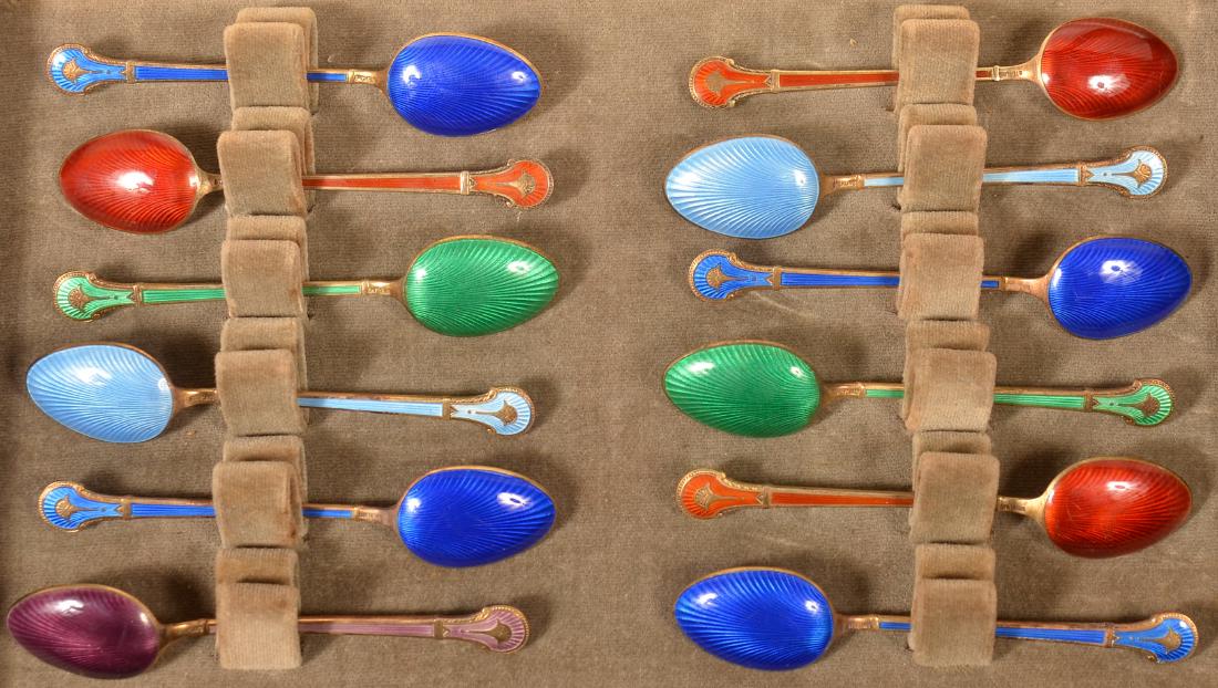 12 Enameled Gold Washed Sterling Spoons. (1 of 3)