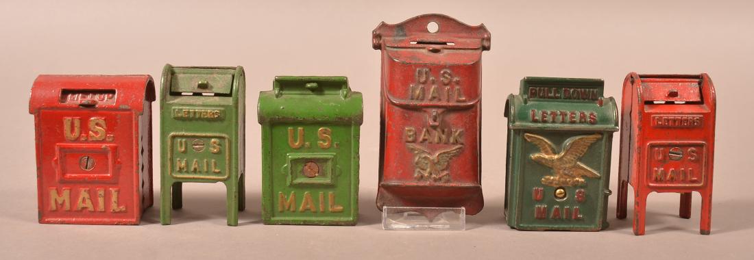 Six Various Vintage Cast Iron Mail Box still Banks. (1 of 2)