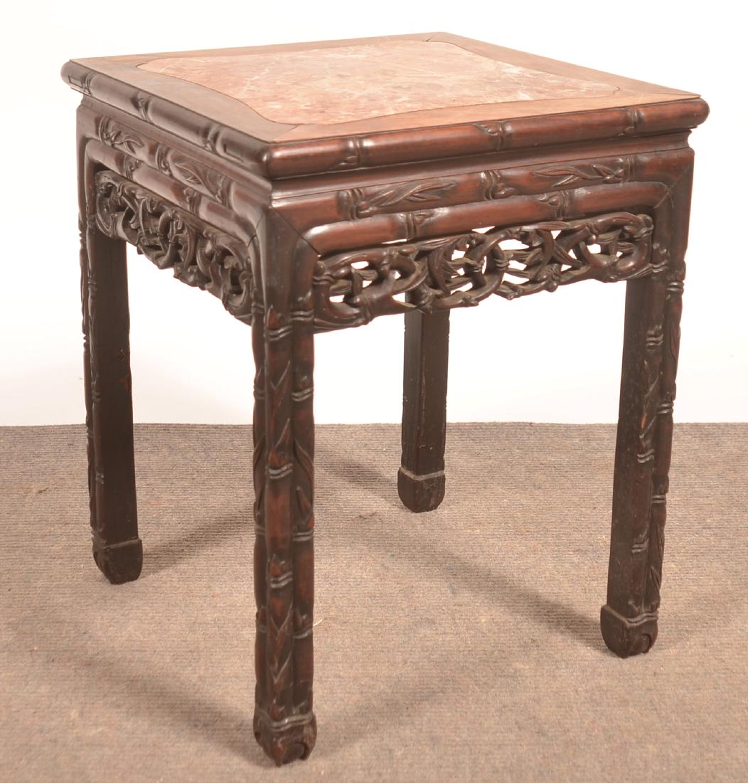 Chinese Carved Rosewood Marble Top Stand.: Vintage Chinese Carved Rosewood Marble Top Stand. 20-1/2"h. x 16" square. Condition: Good with wear.