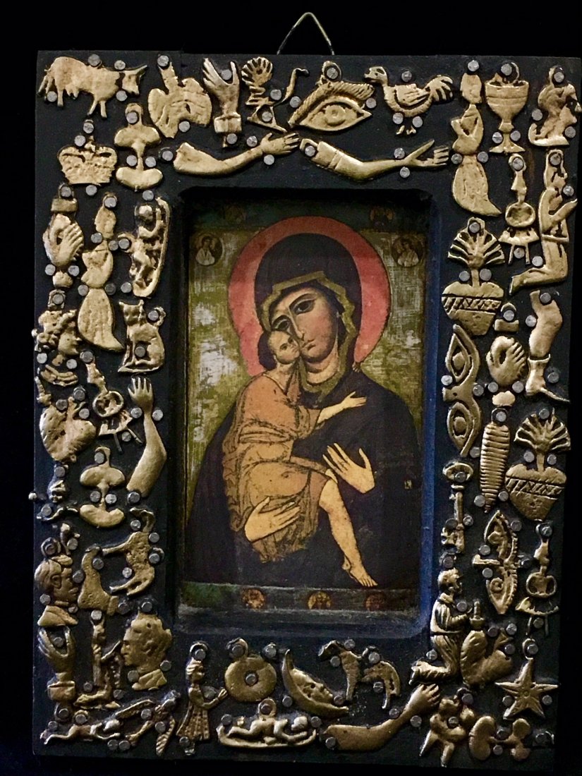 Antique Jesus&Mary Mexican Spanish Colonial Icon: Antique Early Baby Jesus& Mary Icon Picture , Mexican Spanish Colonial ,Catholic milagros figures attached to the frame., Antique 18th Century Shipping cost for this items is $25 Within the USA