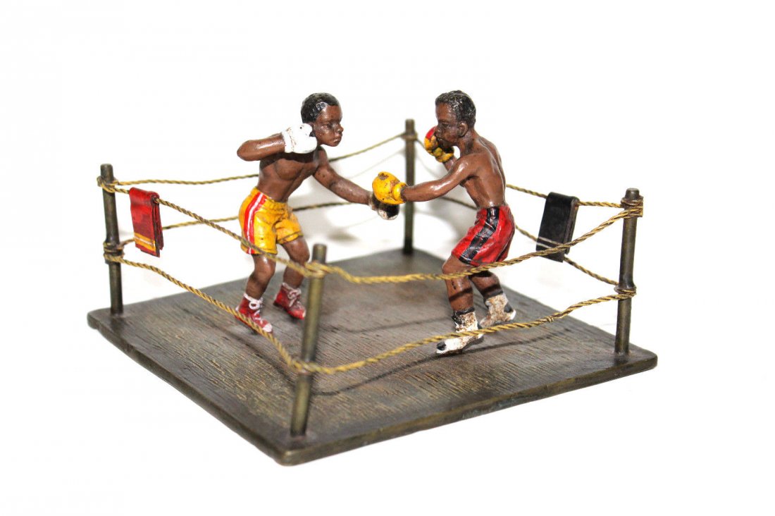 Bergman Austrian Bronze Figure of Boxers: Austrian Bronze Figure of Boxers in a Ring. Bergman Foundry mark. 20th Century..SHIPPING COST IS WITHIN THE USA IS $35 Measures approximately 5 1/4" square and 3 1/2" high Wonderfully detailed bronze 