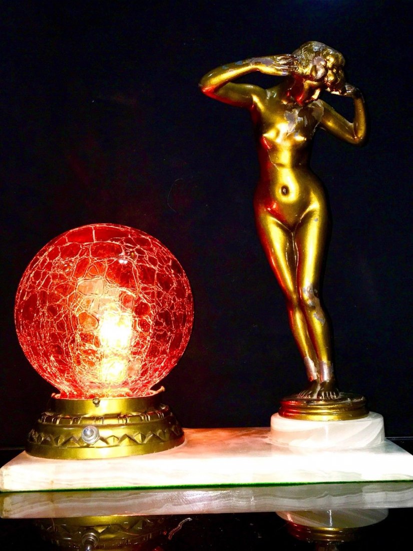 ART DECO NOUVEAU LAMP NUDE LADY SPELTER ART-GLASS: french LARGE ANTIQUE 1930'S ART DECO NOUVEAU LAMP NUDE LADY SPELTER 14Â”H X 12Â”W CONES WITH THE ORIGINAL ART GLASS MOSAIC GLOBE .. Shipping cost for this item is $65