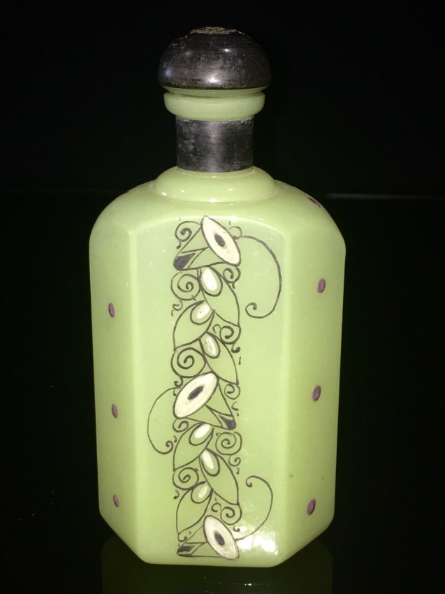 Vintage Art Nouveau Cameo Milk Glass Bottle: Antique FRENCH PERFUME Scent Cologne BOTTLE Cameo Art Glass art Nouveau 5 1/2” Tall. Shipping cost for this item within the USA is $25