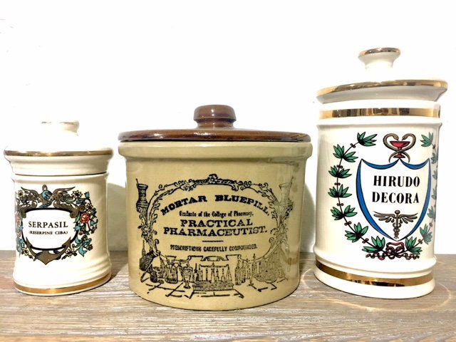 Lot of three Vintage Apothecary Jars: Lot of three Vintage Apothecary Jars. Tallest is approx. 8" tall. Local shipping cost is $40