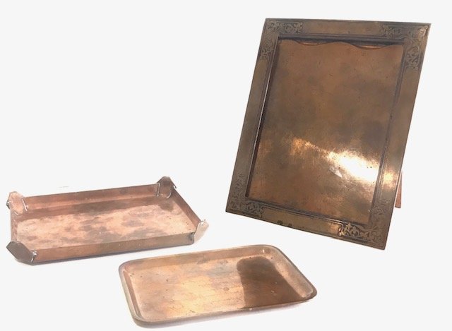 Tiffany Studios Frame Bronze and Tiffany Tray: Lot of three pieces.The Frame and small tray are marked Tiffany & co Makers and also stamped Tiffany bronze we don't see Tiffany marks on the large bronze tray but it has a stamp (94) and also seems t