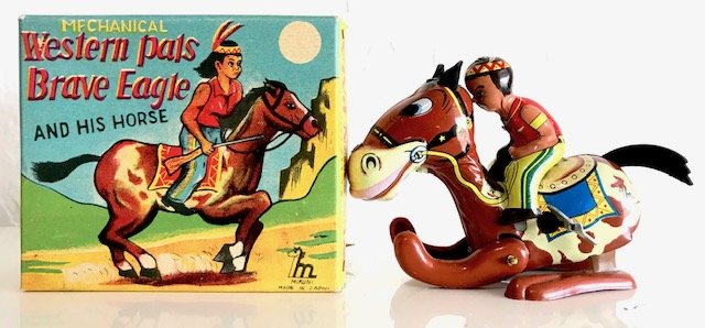 New Old Stock Wind up toy Mikuni Japan Cowboy with Box: Mikuni Japan Cowboy on Horse, tin plate litho Local shipping cost is $23