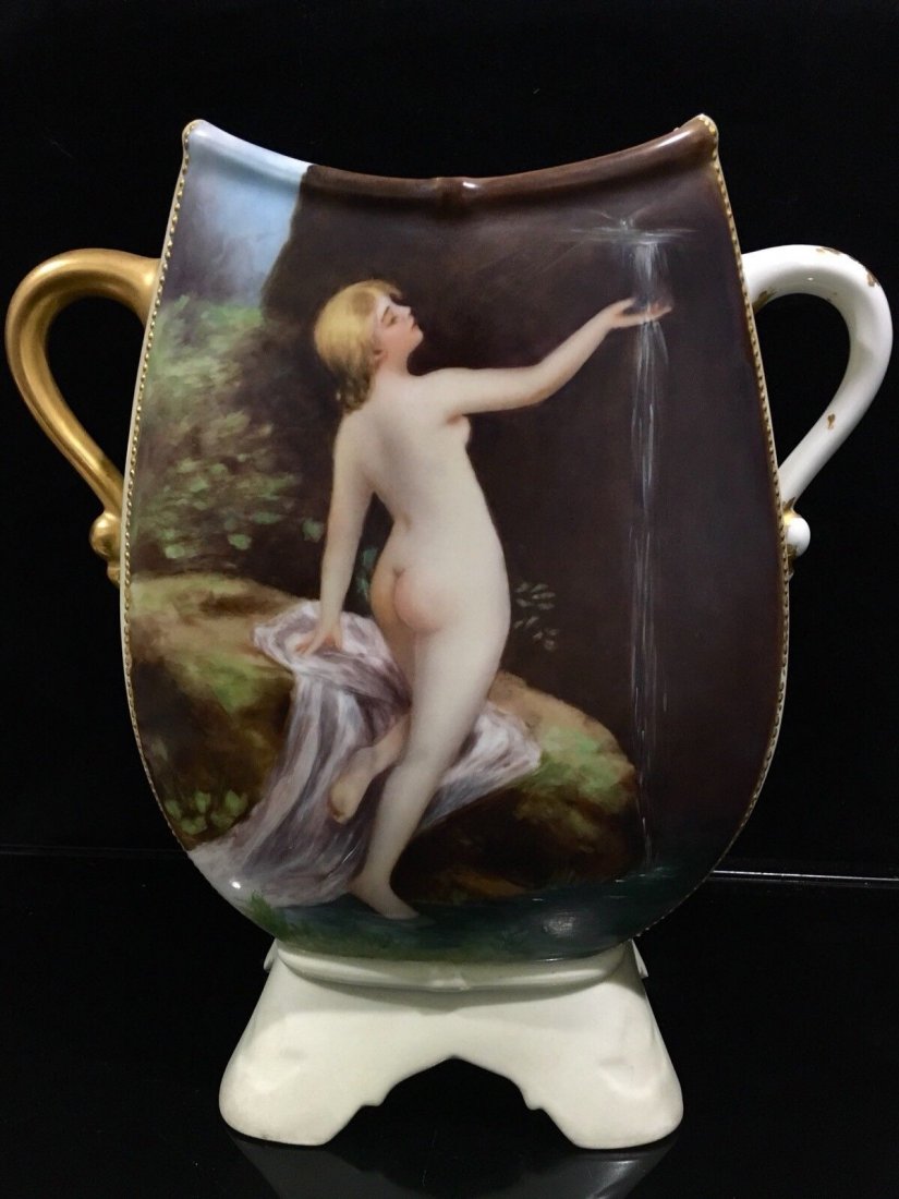 Antique Limoges porcelain portrait Nude Vase: rare Antique Limoges porcelain portrait Elite Stamped 11” Tall. Nude Woman with a small waterfall measures approximately 11” from handle to handle. Stamped in the back with France Limoges Elite.Al