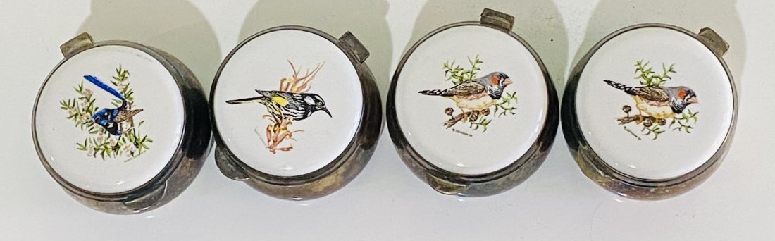 four Robert ULMANN sterling dresser starchan porcelain: Lot of four sterling dresser starchan Australia porcelain birds, zebra Finch , superb blue wren, Holland honeyeater Two signed by Robert ULMANN (1927-1999)Sterling is unstampedEach measures approximat
