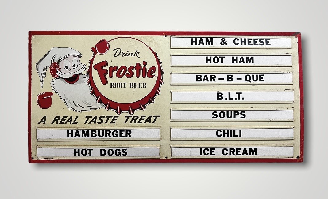 Vintage Frostie Drink Root Beer Restaurant Menu 24 inches X 11 inches: Vintage Frostie Drink Root Beer Restaurant Menu.Measures approx. 24 inches X 11 inches.Local shipping cost to the lower 48 states is $38