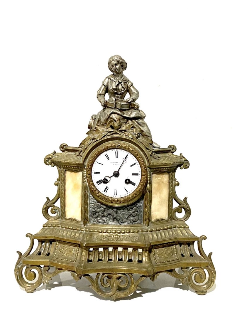 AS IS Antique Victorian Jarossay Paris Bronze figural clock: Antique Victorian Jarossay Paris Bronze figural clock Cherub dancing with dog, girl with musical instrument Dial needs repair or a new dial. Movement is in great running shape but not tested. Doesnâ�