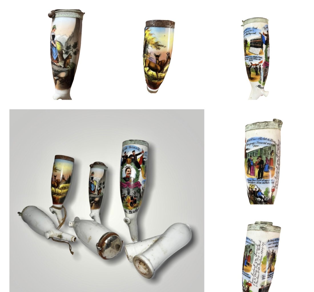 Lot of 6 Antique Porcelain Pipe Bowls including hand painted Deer, woman w/dog and German WW1: Lot of 6 Antique Porcelain Pipe Bowls including hand painted Deer, woman w/dog and German WW1 .Local shipping cost to the lower 48 states is $19.
