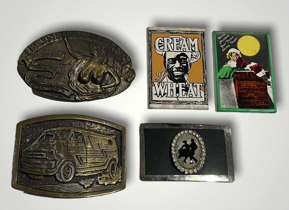 Lot of antique belt buckles and mirrors including Blushing Melons and Cream of Wheat: Lot of antique belt buckles and mirrors including Blushing Melons and Cream of Wheat.Local shipping cost is $18.