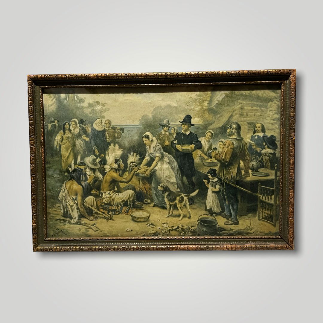 JLG FERRIS Pilgrims First Thanksgiving antique Print.: Measures approximately 15” X 10” . Local shipping cost for the lower 48 states is $28.Showing colonial army sharing food with native Indian American. We do t have a pick up option for this
