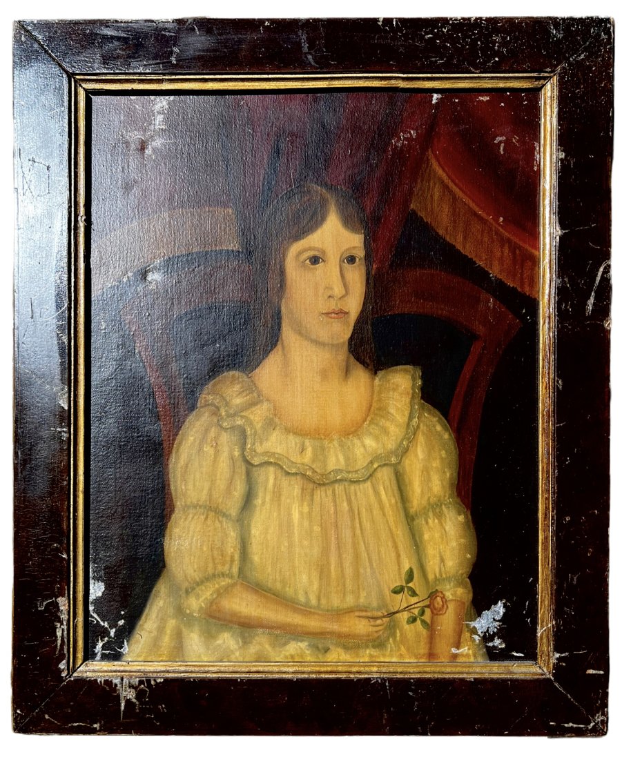 Antique Victorian folk art American school lady painting on canvas 19th century . 25X21: Local shipping cost is $45.We are not offering a pick up option for this auction.