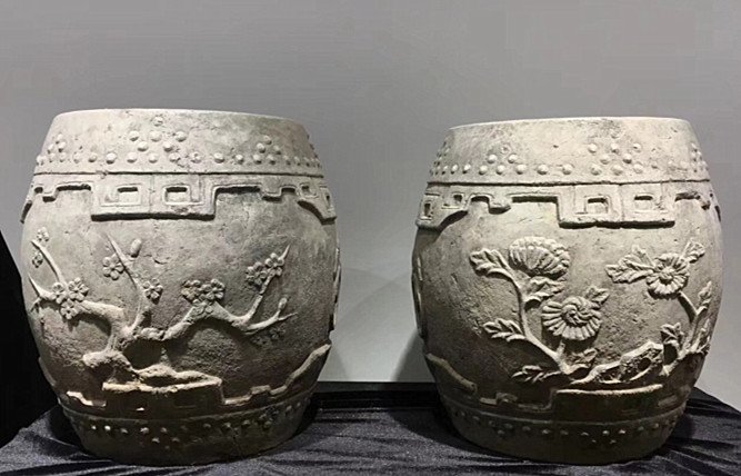 Extra Rare Pair Chinese Stone Carved Garden Stools: Extra Rare Pair Chinese Stone Carved Garden Stools with season's flowers motif , 19th century , size; 40 (H) X 43(diameter) CM ,in good condition