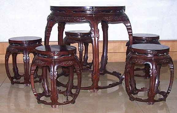 Rare Set Chinese Rosewood Carved Round Table & Stools (1 of 9)