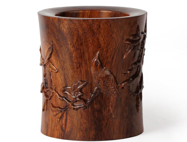 Fine Chinese Huanghuali Wood Carved brush Pot: Fine Chinese Huanghuali Wood Carved brush Pot with bird flower motif , not old about year of 1975 , very precious wood and excellent craftsmanship , size: 16.5 ( W ) X 18 H ) CM , in excellent conditi