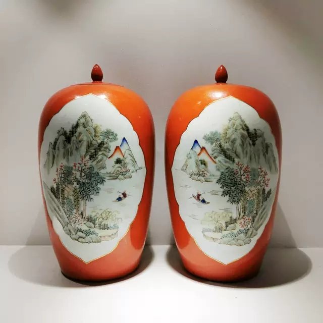 Pair Chinese Antique Coral Red Glazed Guan Vases (1 of 11)