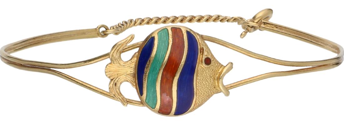 Bangle bracelet yellow gold, with colored enamel - 18: With safety chain. D: 5.6 cm. Weight: 6.27 grams.