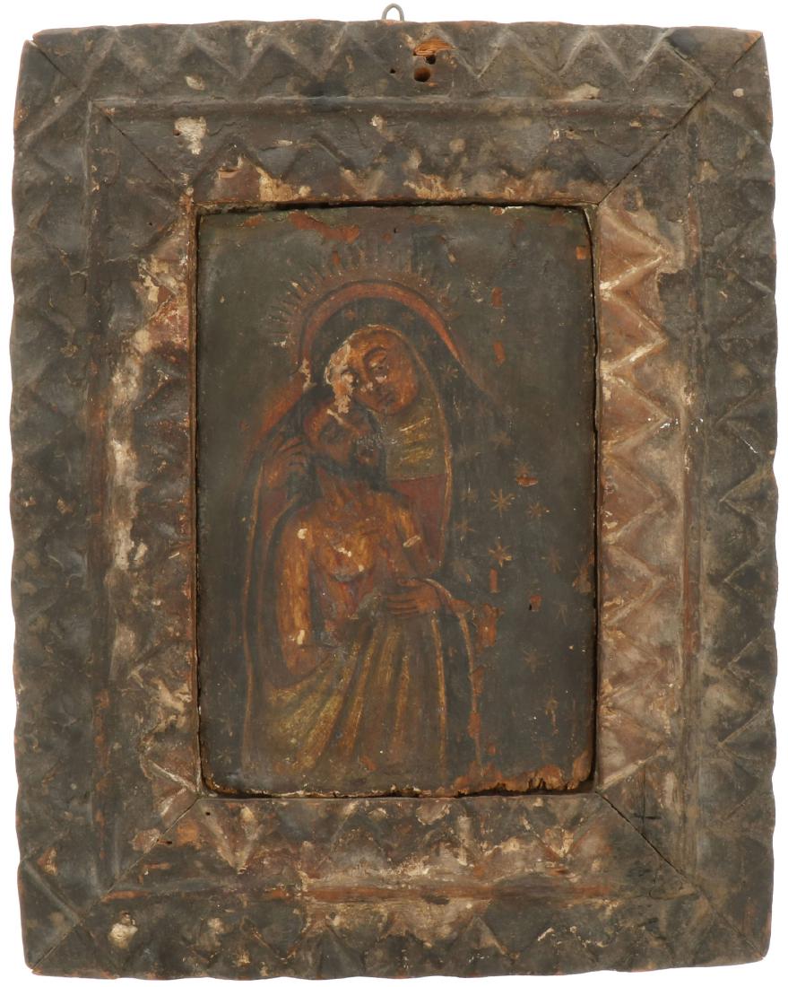 Icon.: Colombia on panel in wooden frame, 18th century. Damage to the paint and the panel is separate from the frame. 22 x 15 cm.