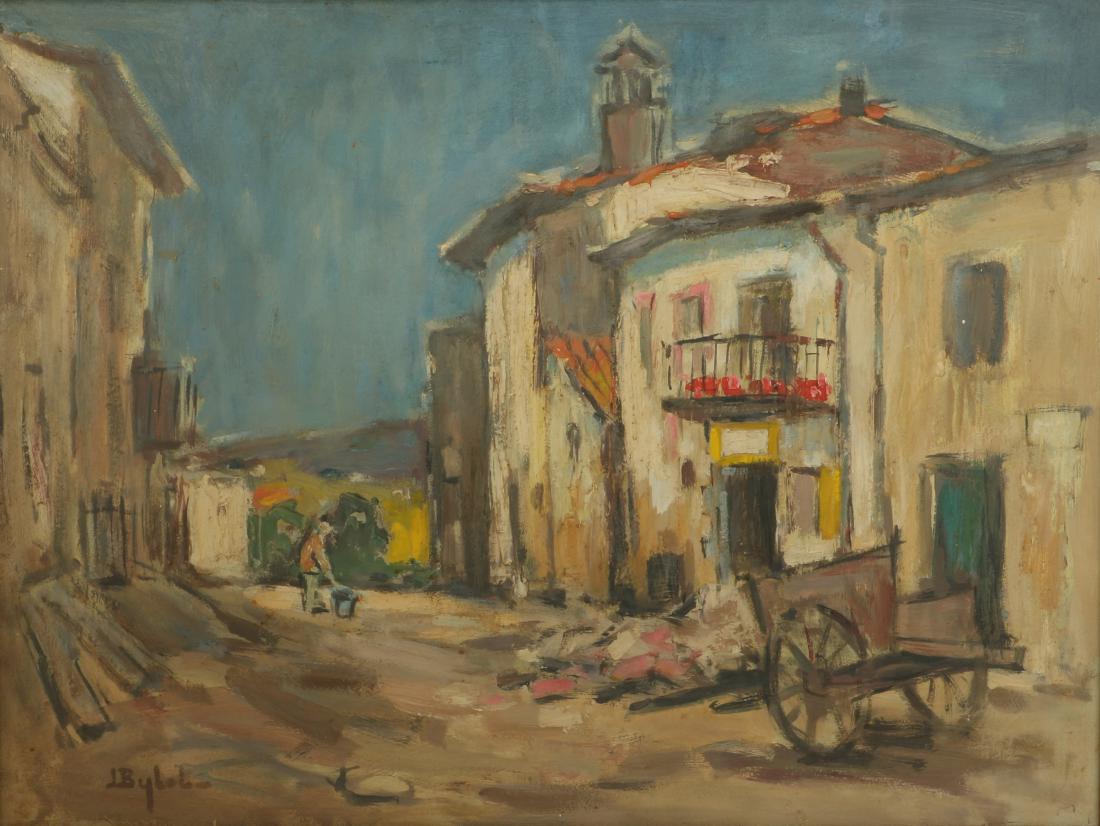 Jacobus Bijtel (1893-1983).: Village view with hay wagon and cart. Signed lower left. 60 x 80 cm.