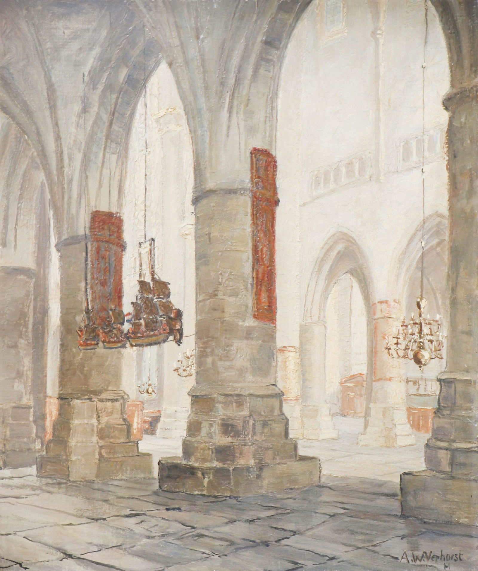 A.W. Verhorst (1879-?).: Church interior with ship models. Oil on canvas. Signed lower right. Dim. 60 x 50 cm.