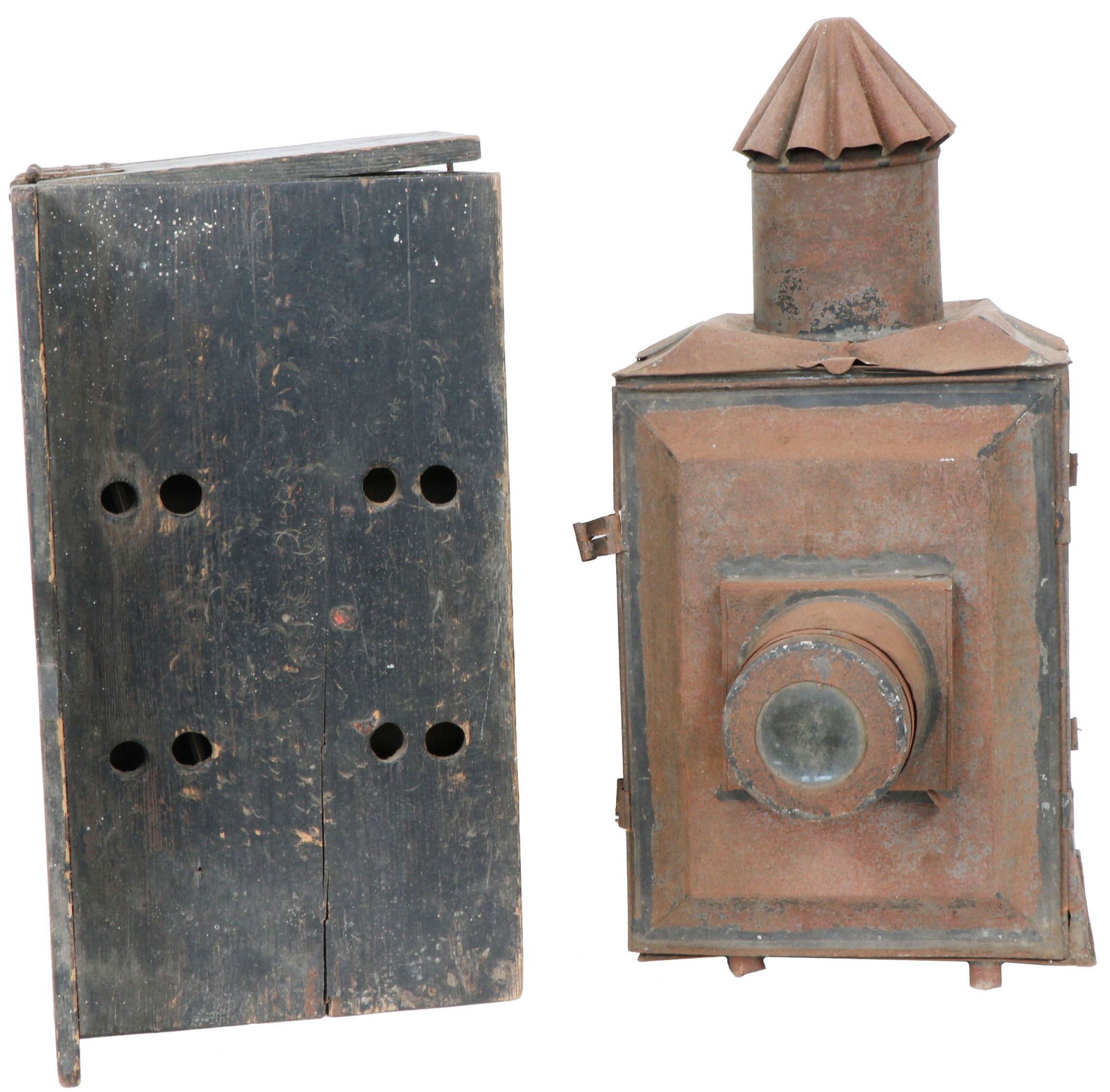 A 19th century magic lantern with a chest containing: A 19th century magic lantern with a chest containing magic lantern images in wooden slides.