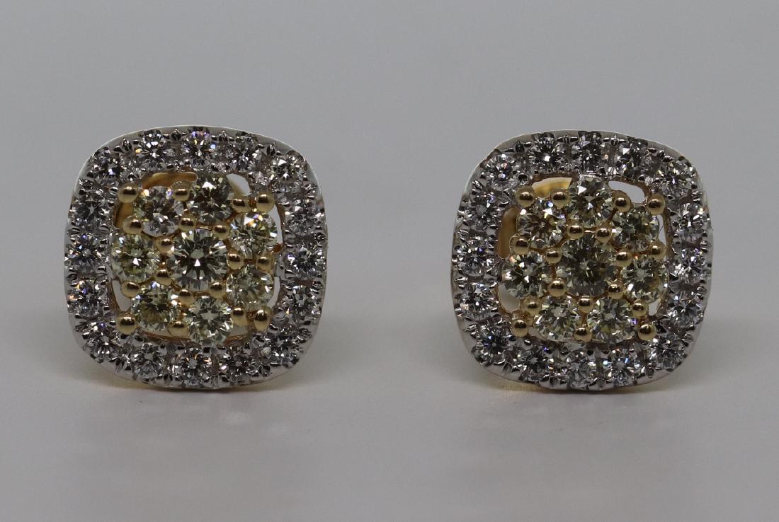 2 Tone Diamond Earrings: Gorgeous 14k yellow gold diamond Modern Earrings with a total of 46 round brilliant diamonds, which weights approx 1.00tcw. The diamonds are VS1-VS2 clarity. They are 2 colored diamonds which are whit