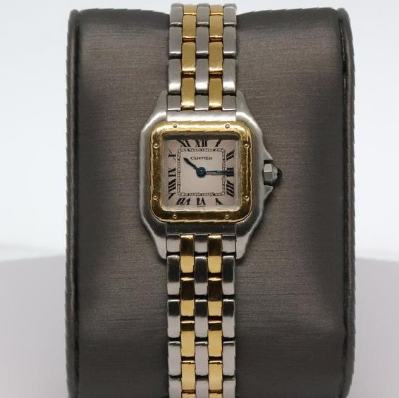 Ladies Cartier Panthere 18k/SS: Ladies Cartier Panthere in 18k & stainless steel with 2 rows of gold. Quartz. Ref 1120. Fine Pre-owned Cartier Watch. Certified preowned Cartier Panthere 1120 watch is made out of Stainless steel on a